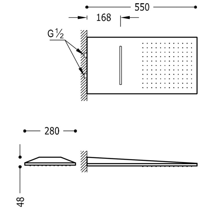 Deszczownica ścienna Tres, 55x28cm, stal nierdzewna, 2 strumienie, kaskada, czarny mat