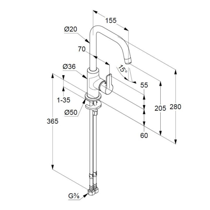 Bateria umywalkowa Klufi Pure&Easy, stojąca, wysokość 280mm, sterowanie boczne, zestaw odpływowy, chrom