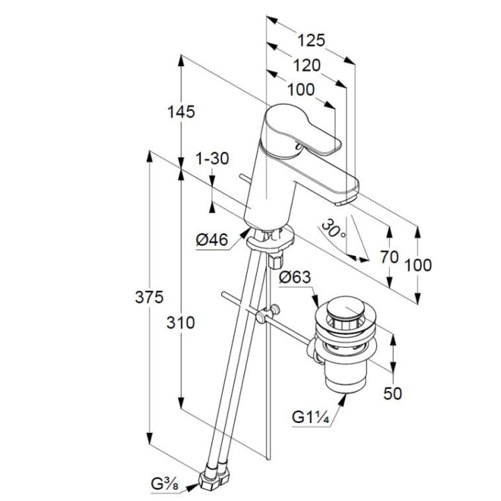 Bateria umywalkowa Kludi Pure&Easy, stojąca, wysokość 145mm, do bezciśnieniowych urządzeń grzewczych, zestaw odpływowy, chrom