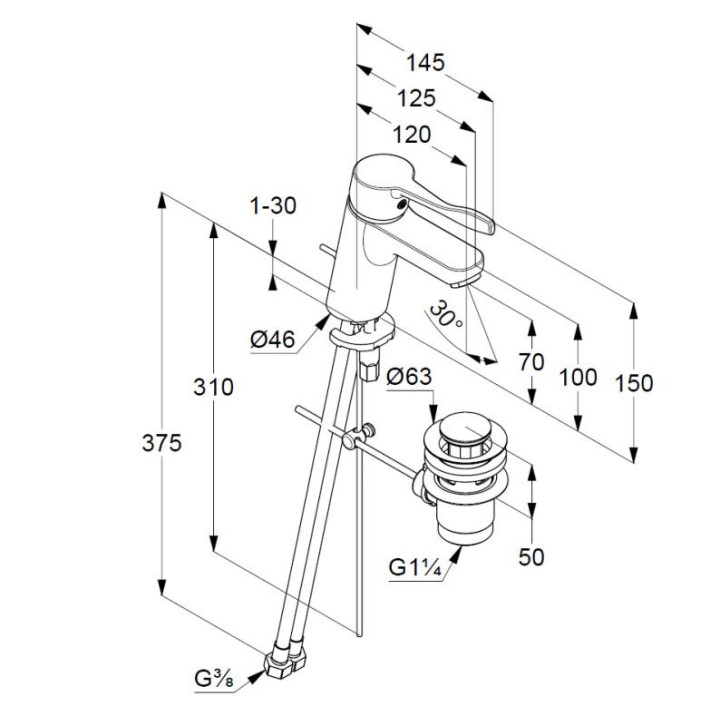 Bateria umywalkowa Kludi Pure&Easy, stojąca, wysokość 145mm, zestaw odpływowy z tworzywa, chrom