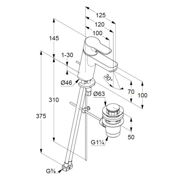 Bateria umywalkowa Kludi Pure&Easy, stojąca, wysokość 125mm, zestaw odpływowy z tworzywa, chrom