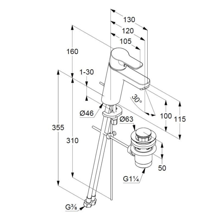 Bateria umywalkowa Kludi Pure&Easy Eco Plus, stojąca, wysokość 125mm, zestaw odpływowy, chrom