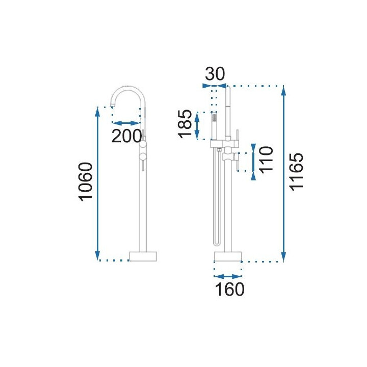 Bateria wannowa wolnostojąca Rea Ortis Black, 2 wyjścia wody, wysokość 1165mm, zestaw natryskowy, czarny mat