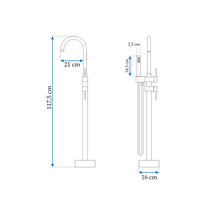 Bateria wannowa wolnostojąca Rea Ortis Black, 2 wyjścia wody, wysokość 1165mm, zestaw natryskowy, czarny mat