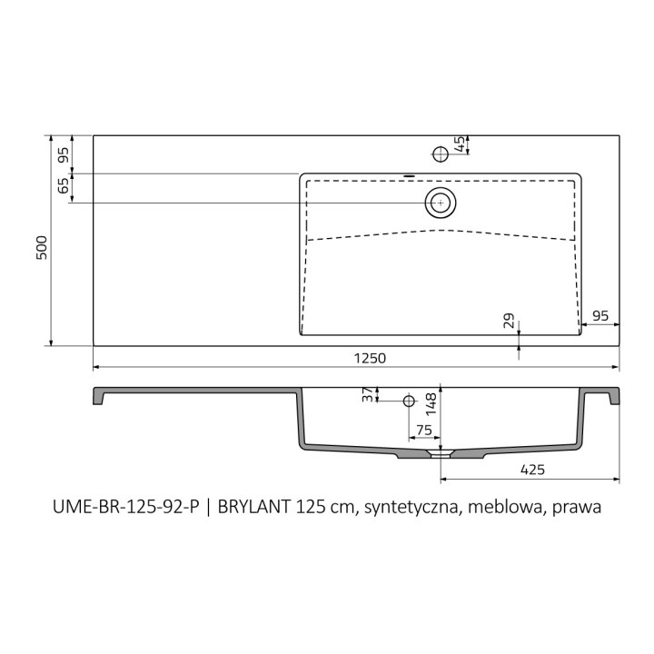 Umywalka meblowa Oristo Brylant, lewa, 125x50cm, z przelewem, konglomeratowa, biała