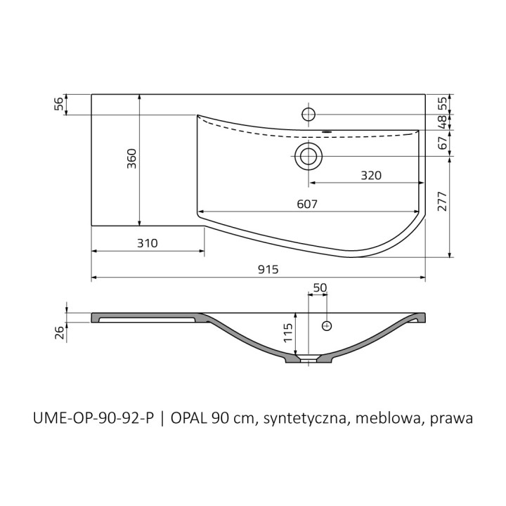 Umywalka meblowa Oristo Opal, lewa, 90x45cm, z przelewem, konglomeratowa, biała