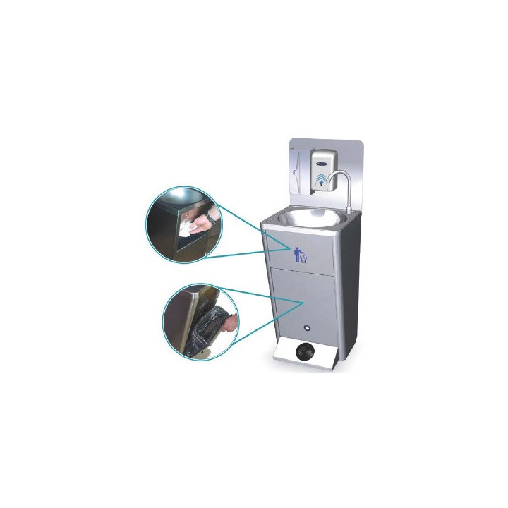 Przenośna umywalka stojąca ze stali nierdzewnej z dozownikiem mydła i zasobnikiem na wodę, Nofer Wash - satyna