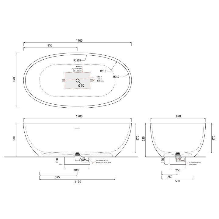 Wanna wolnostojąca Cielo Shui Comfort, 170x87cm, z przelewem, biały mat