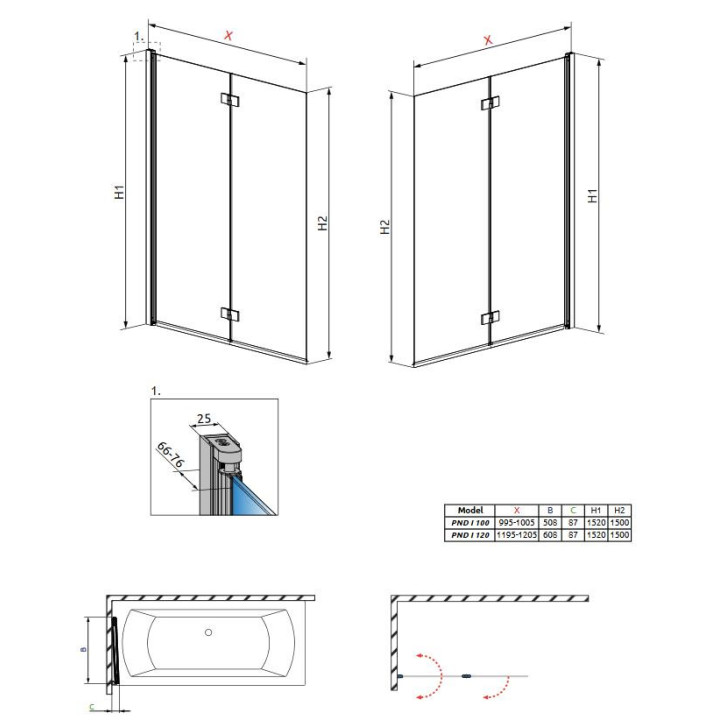 Parawan Radaway Fuenta New 2- częściowy 100 cm, szkło przeźroczyste EasyClean- sanitbuy.pl