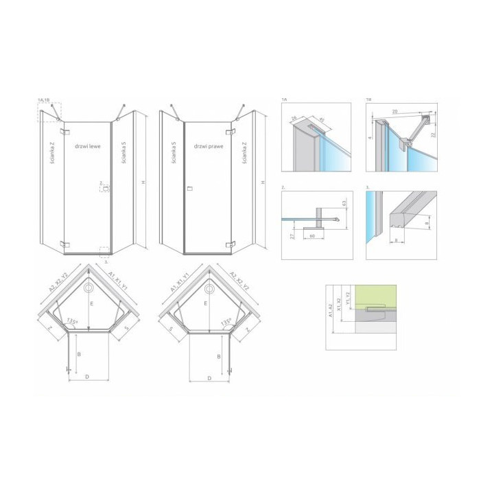 Kabina 80x80cm Radaway Essenza New PTJ pięciokątna, lewa szkło przejrzyste - sanitbuy.pl