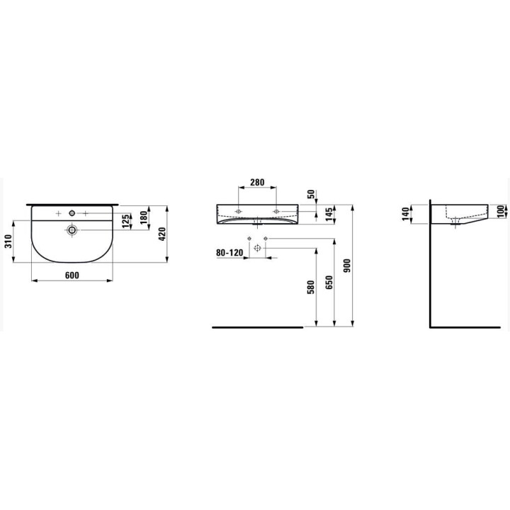 Umywalka ścienna Laufen Val, SaphirKeramik, 55x31,5cm, półka po prawej, bez otworu na baterię, biała