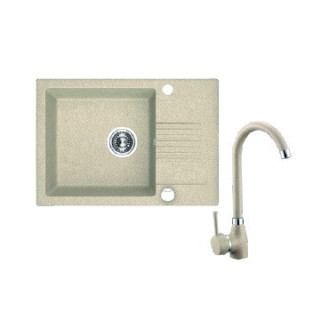 Zlewozmywak granitowy z baterią, 1 komora z półociekaczem, Laveo Celia - beżowy