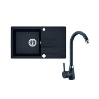Zlewozmywak granitowy z baterią, 1 komora z ociekaczem, Laveo Celia - czarny