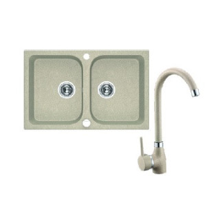 Zlewozmywak granitowy z baterią, 2 komory bez ociekacza, Laveo Celia - beżowy