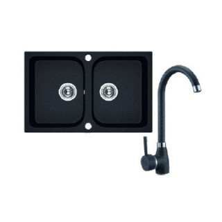 Zlewozmywak granitowy z baterią, 2 komory bez ociekacza, Laveo Celia - czarny