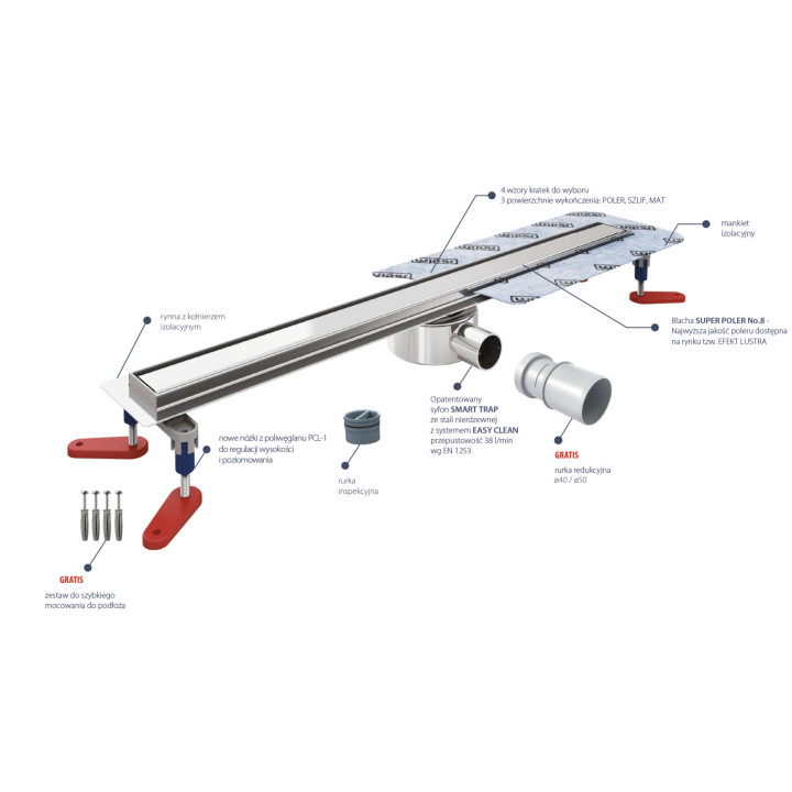 Odpływ liniowy, pełny zestaw,  Wiper New Premium, 1200mm, wzór Ponente, wykończenie poler