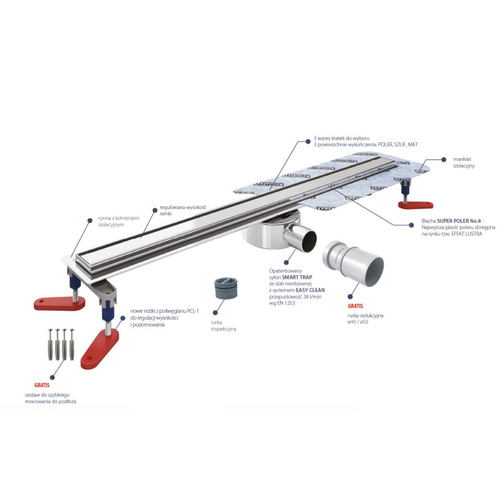 Odpływ liniowy, pełny zestaw,  Wiper New Premium, 1200mm, wzór Ponente, wykończenie poler