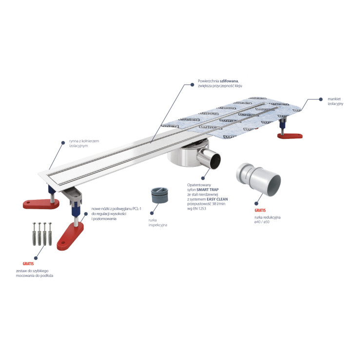 Odpływ liniowy, pełny zestaw, Wiper New Invisible, 500mm, do zabudowania płytkami, wykończenie szlif/mat