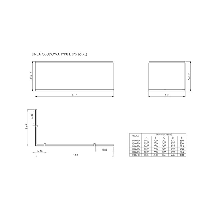 Obudowa wanny Roca Linea, 170x75cm, typ "L", lewa, akrylowa, biała