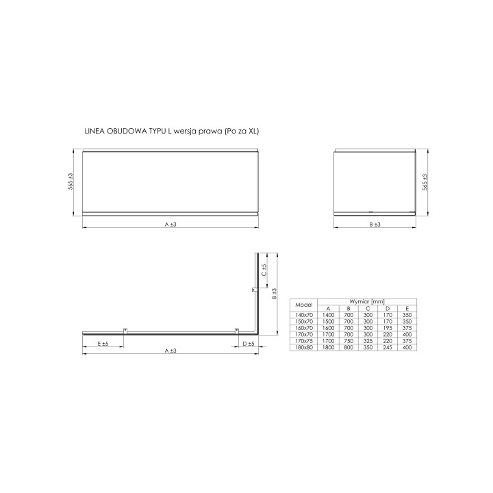 Obudowa wanny Roca Linea, 170x75cm, typ "L", lewa, akrylowa, biała