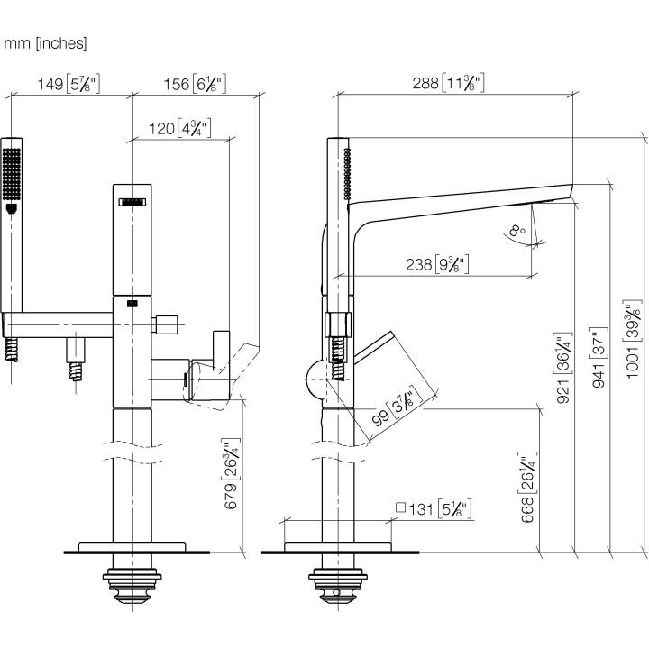 Bateria wannowa wolnostojąca Dornbracht CL.1, dwa wyjścia wody, z zestawem natryskowym, polerowany chrom