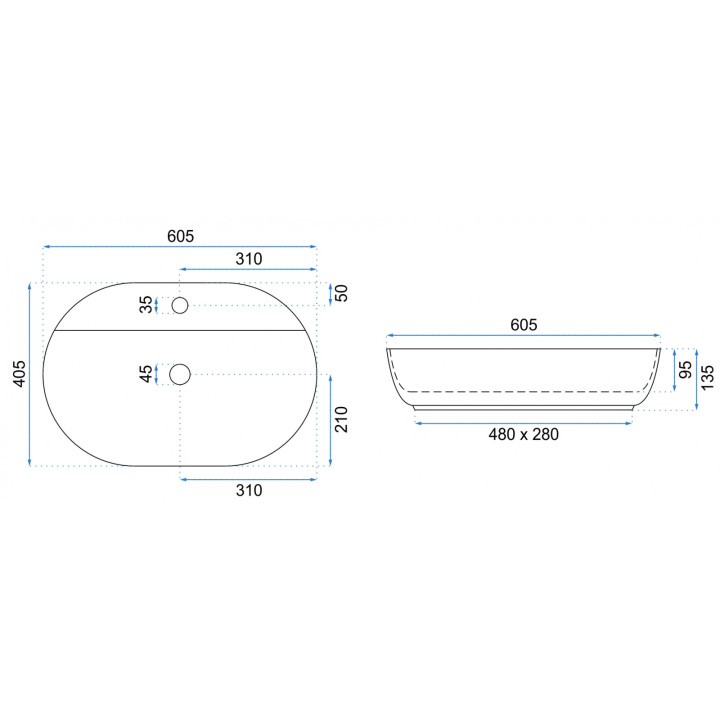 Umywalka nablatowa Rea Aura, 605x405mm, z przelewem, otwór na baterię, biała