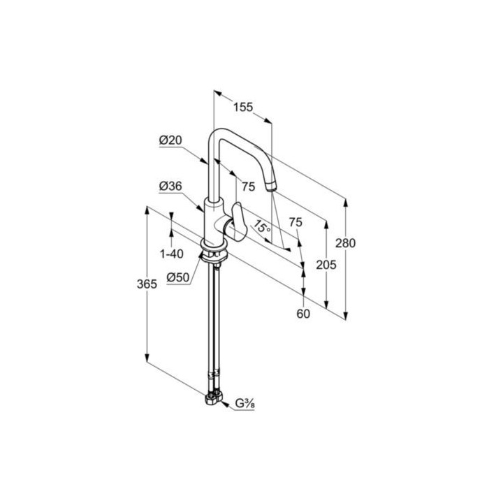 Bateria umywalkowa Kludi Objekta, stojąca, wysokość 280mm, wylewka 155mm, zestaw odpływowy, chrom