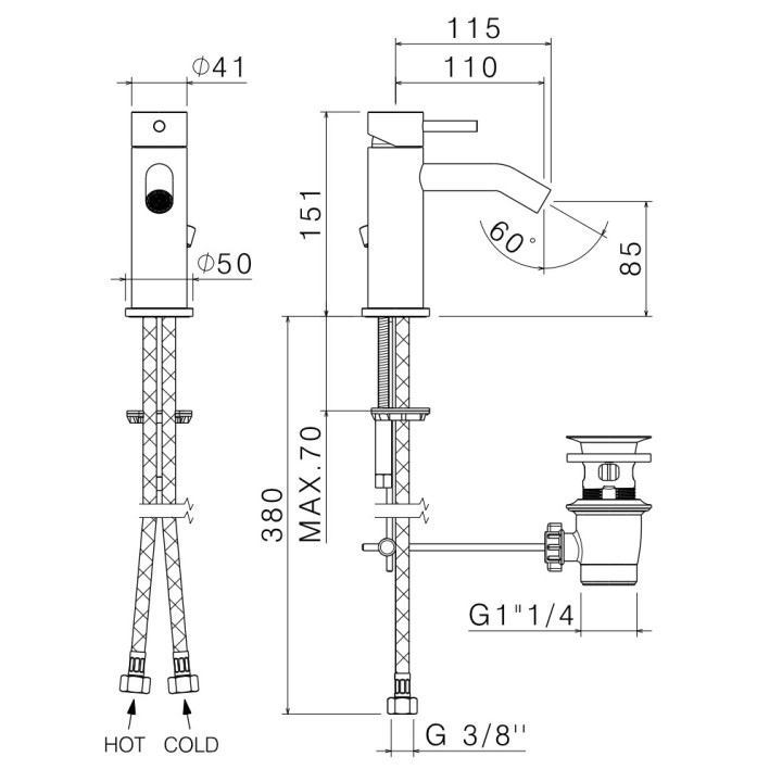 Bateria umywalkowa Vema Tiber Steel, stojąca, wysokość 321mm, wylewka 190mm, korek klik-klak, stal nierdzewna inox
