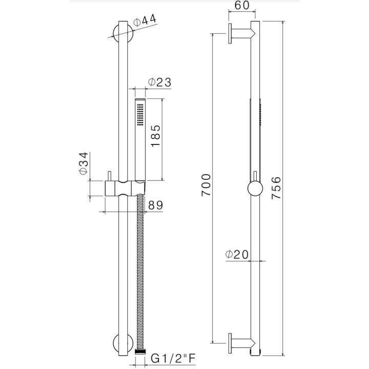 Zestaw natryskowy Vema Tiber Steel, drążek z słuchawką i wężem, stal nierdzewna inox