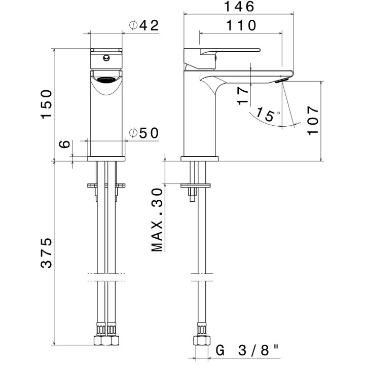 Bateria umywalkowa Vema Tiber Steel, stojąca, wysokość 166mm, wylewka 145mm, bez korka, stal nierdzewna inox