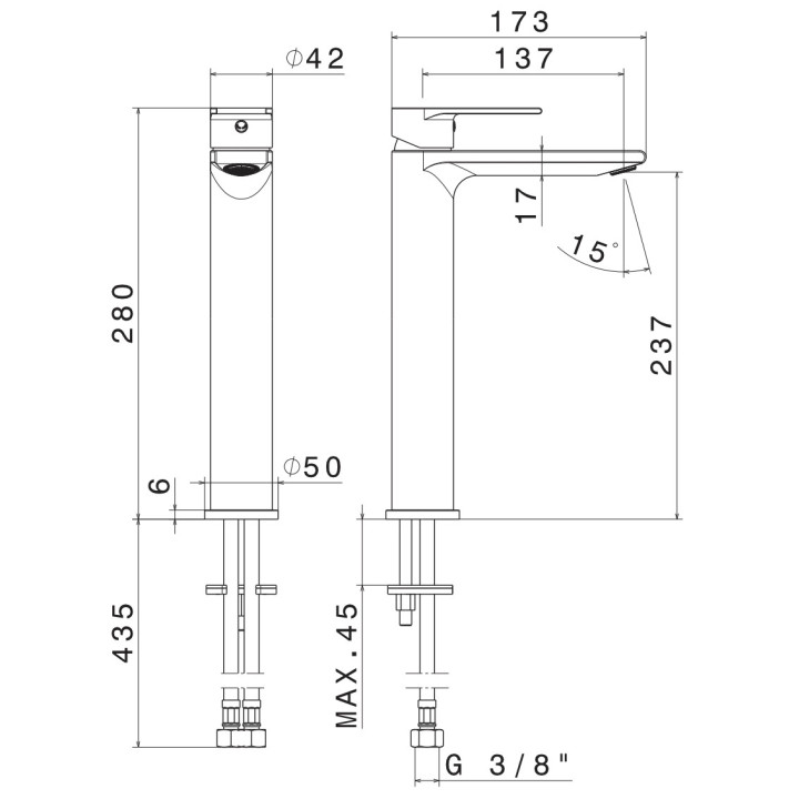 Bateria umywalkowa Vema Timea, stojąca, wysokość 150mm, wylewka 110mm, bez korka, chrom