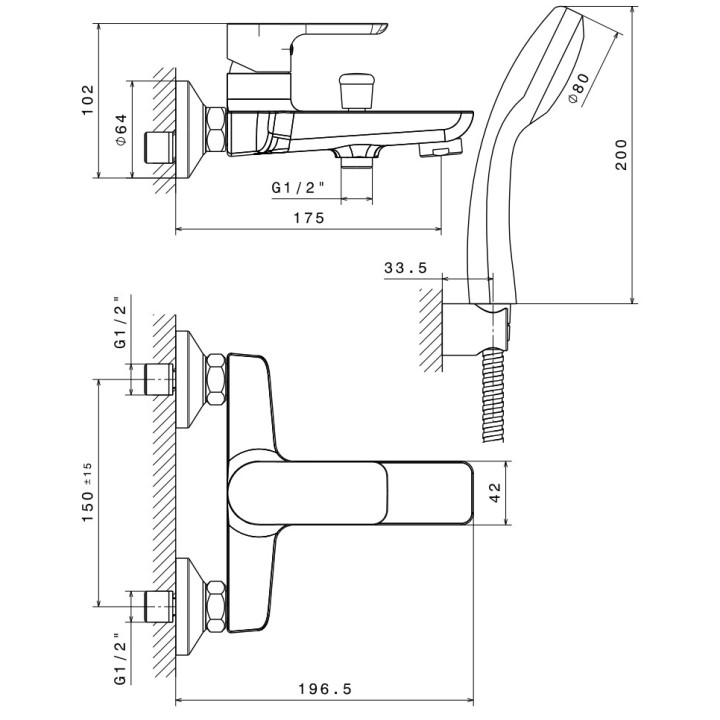 Bateria wannowa kompletna Vema Timea, natynkowa, 2 wyjścia wody, zestaw natryskowy, chrom