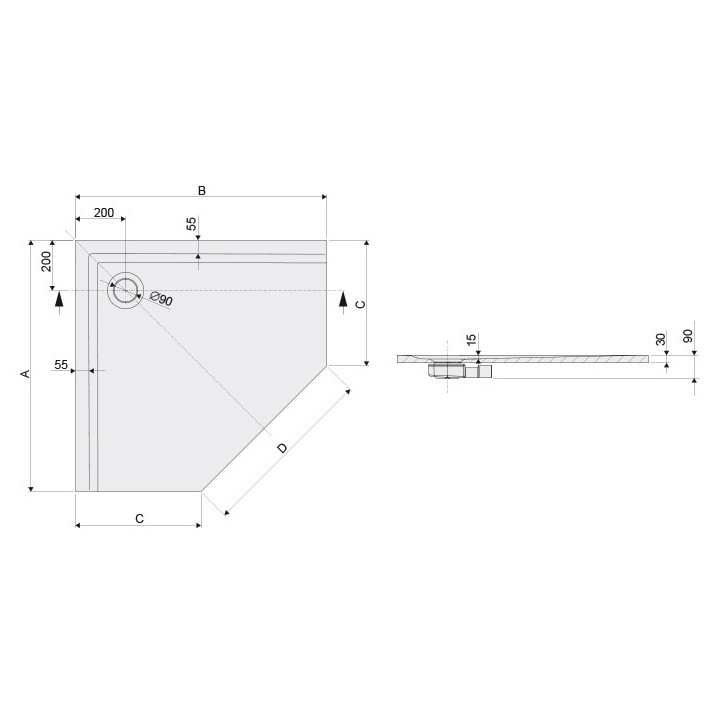 Brodzik pięciokątny Sanplast SpaceLine, 90x90cm, akrylowy, biały
