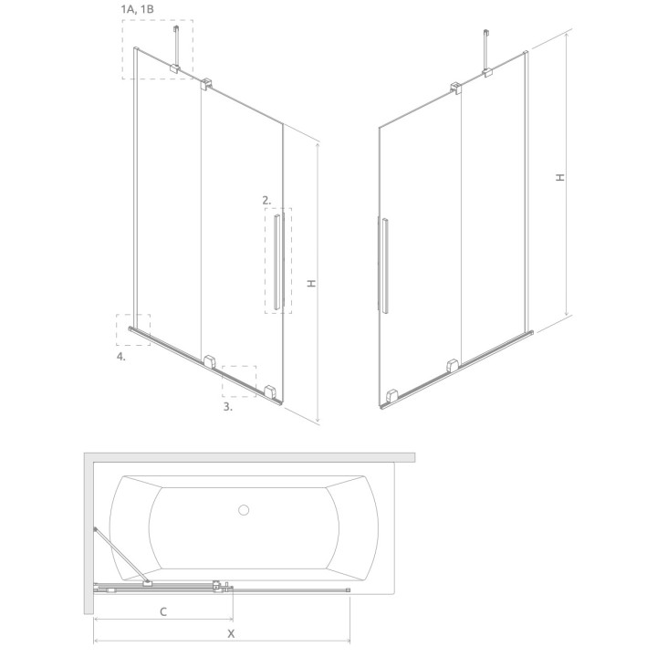 Parawan nawannowy Radaway Furo Gold PND II, prawy, szkło przejrzyste, 100x150cm, przesuwny, złoty profil