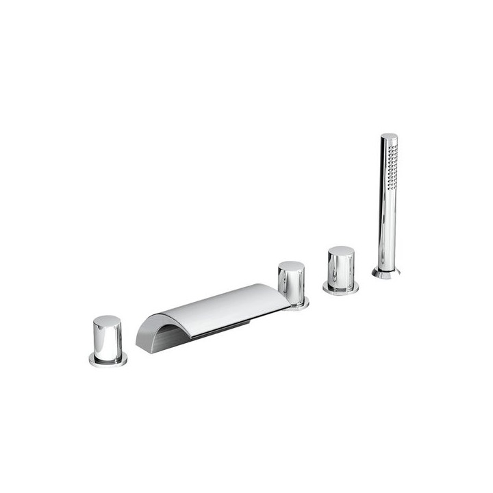 Bateria wannowa stojąca Ravak Wave, 5-otworowa, wylewka kaskadowa, zestaw natryskowy, chrom