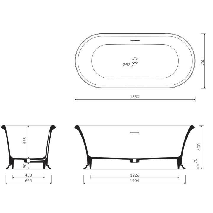 Wanna wolnostojąca Marmorin Edward, 165x75cm, bez przelewu, biały połysk