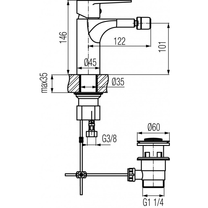 Bateria bidetowa Valvex Quasar, stojąca, wysokość 183mm, korek automatyczny, chrom