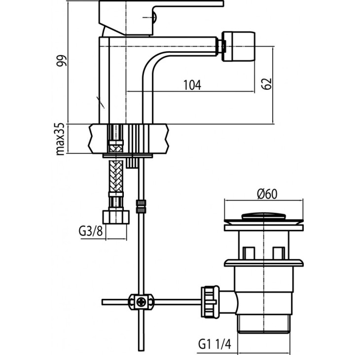 Bateria bidetowa Valvex Vegane, stojąca, wysokość 145mm, korek automatyczny, chrom