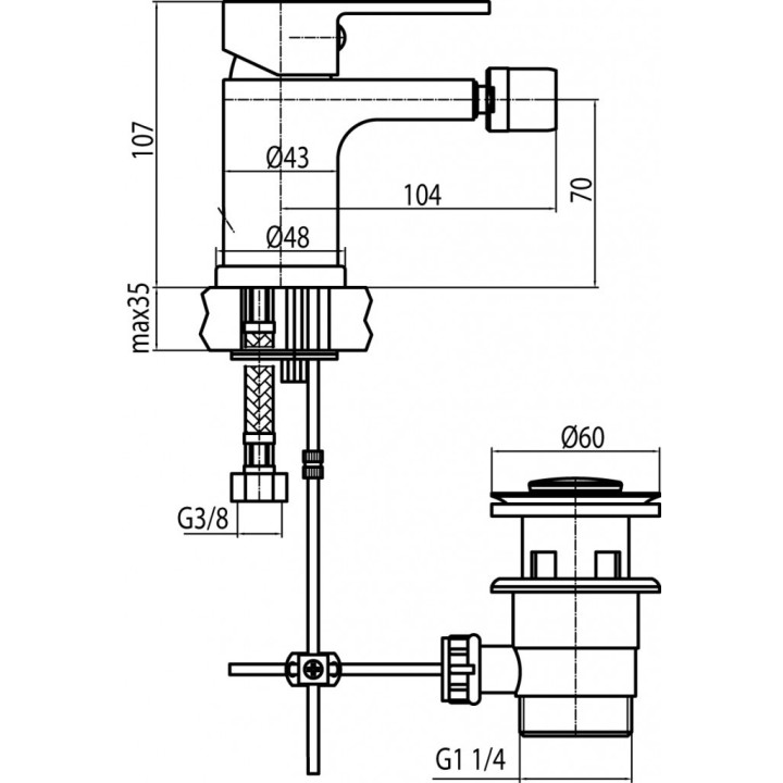 Bateria bidetowa Valvex Loft, stojąca, wysokość 99mm, korek automatyczny, chrom