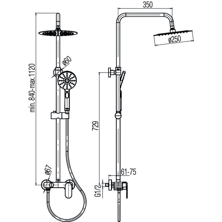 Zestaw natryskowy z baterią Valvex Loft, natynkowy, kwadratowa deszczownica 250mm, słuchawka 3-funkcyjna, chrom
