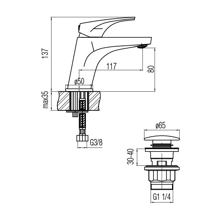 Bateria umywalkowa Valvex Tube, stojąca, wysokość 147mm, wylewka 91mm, korek click-clack, chrom