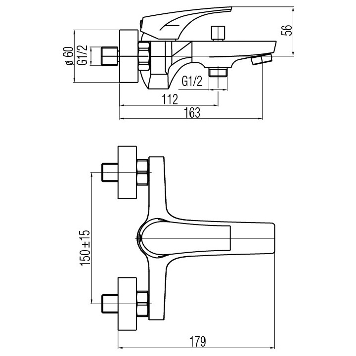 Bateria wannowa Valvex Tube, natynkowa, wylewka 165mm, 2 wyjścia wody, chrom
