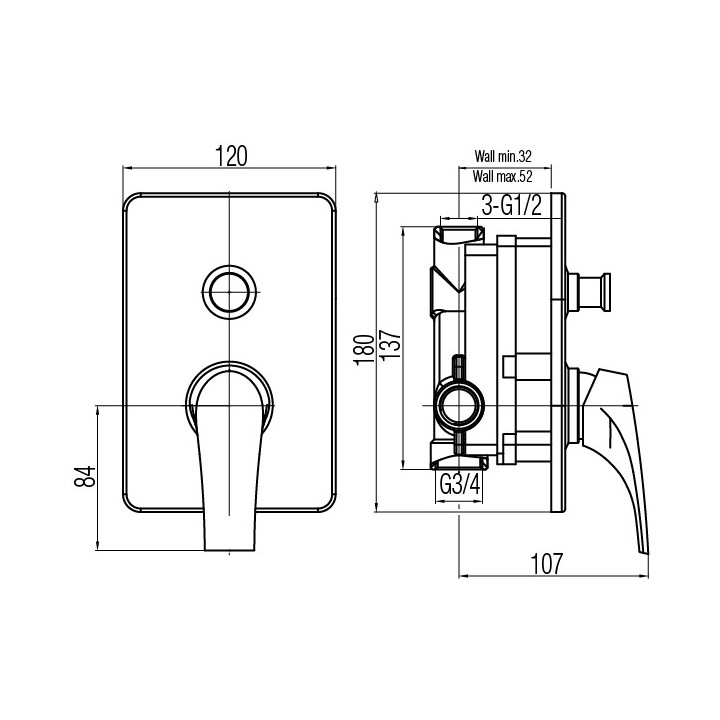 Bateria wannowo-natryskowa Valvex Tube, podtynkowa, 3-funkcyjna, z przełącznikiem, chrom
