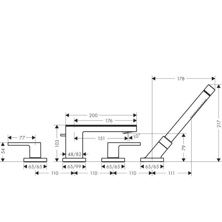 Bateria wannowa 4-otworowa Axor MyEdition, stojąca, 2 wyjścia wody, zestaw natryskowy, bez płytki, chrom