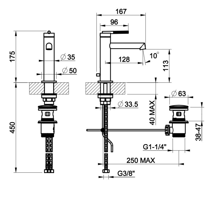 Bateria umywalkowa Gessi Anello, stojąca, wysokość 168mm, korek automatyczny, chrom