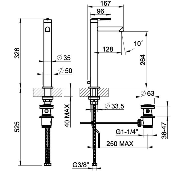 Bateria umywalkowa Gessi Ingranaggio, stojąca, wysokość 175mm, korek automatyczny, chrom