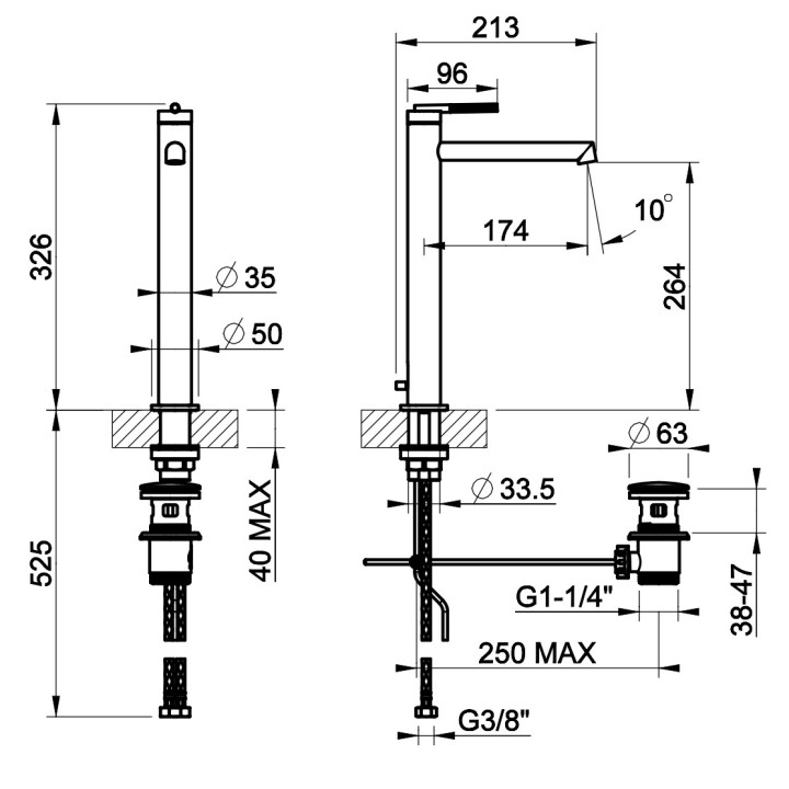 Bateria umywalkowa Gessi Ingranaggio, stojąca, wysokość 326mm, wylewka 128mm, korek automatyczny, chrom