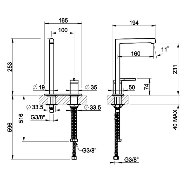 Bateria umywalkowa Gessi Ingranaggio, stojąca, z dźwignią z boku, wysokość 162mm, wylewka 144mm, bez korka, chrom