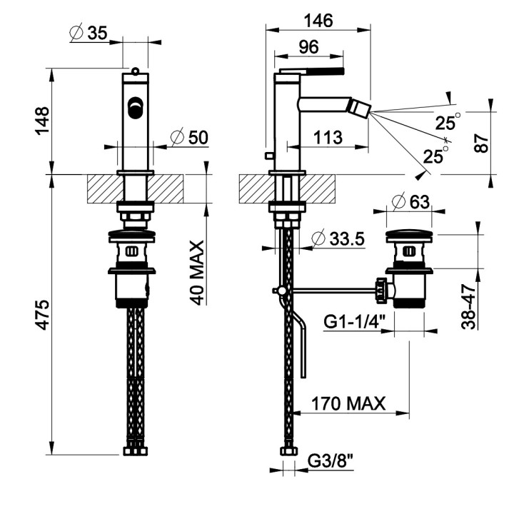 Bateria umywalkowa Gessi Ingranaggio, stojąca, wysokość 175mm, korek automatyczny, chrom
