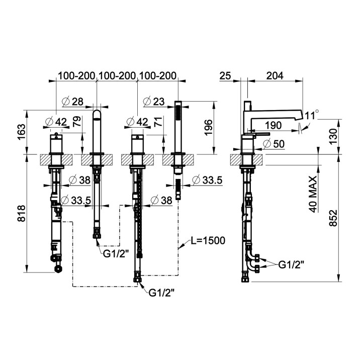 Bateria wannowa 4-otworowa Gessi Anello, stojąca, 2 wyjścia wody, zestaw natryskowy, chrom